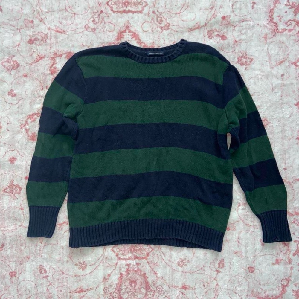 Brandy Melville Green and Black Striped Crewneck Sweater